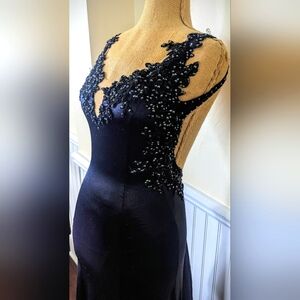 Custom Pageant Gown Black Satin with Lace Applique and Swarovski Crystal Size 00